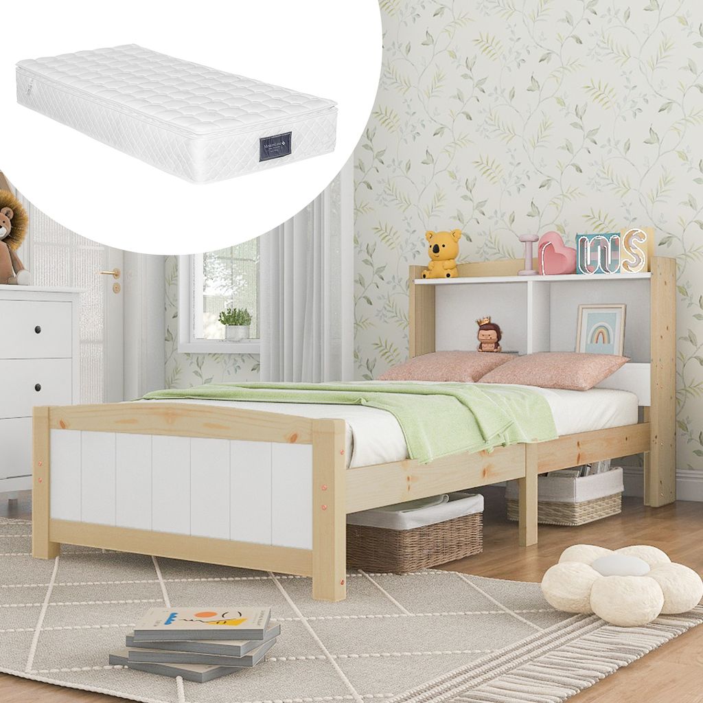okwish Massivholz Einzelbett mit Stauraum-Kopfteil Bett,90 x 200 cm Bettgestell mit Lattenrost Holzbett mit Kopfteil,Kinderbett Natürlich und Wei...