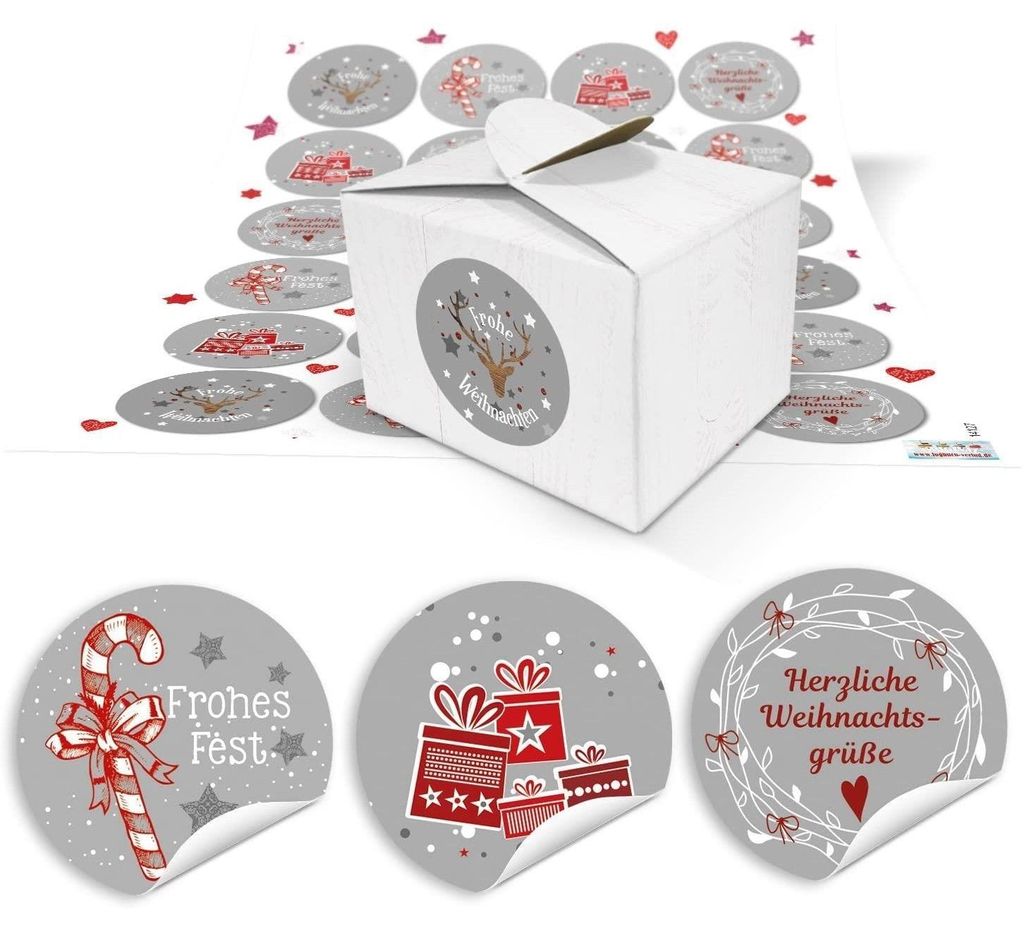 48 kleine weiße Geschenk-Schachtel mini Weihnachten Geschenkboxen 8 x 6,5 x 5,5 + 48 rot graue Weihnachts-Aufkleber Verpackung Kundengeschenk give...