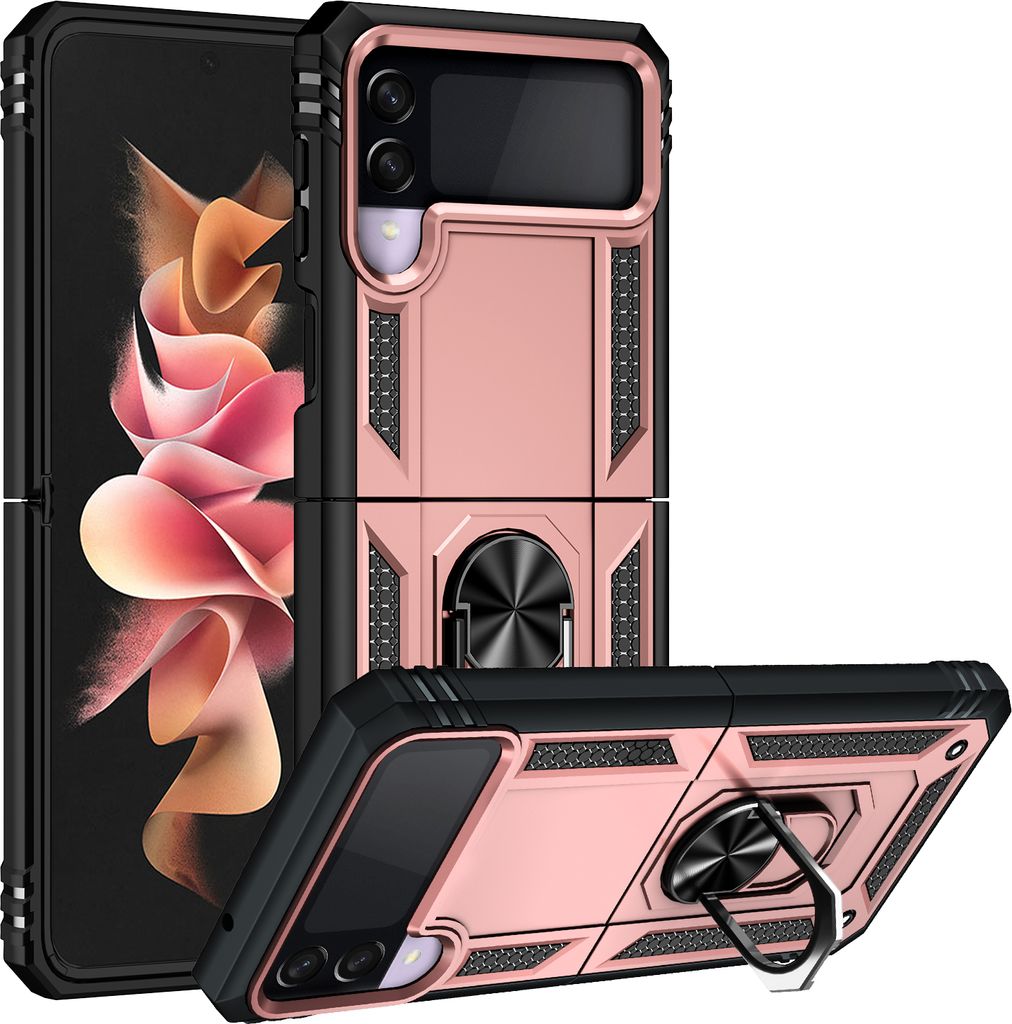 Samsung Galaxy Z Flip3 2021 Hülle, Dual Layer Militäre Fallschutz Schutzhülle mit Ringhalterung Ständer für Samsung Galaxy Z Flip 3 5G Roségold