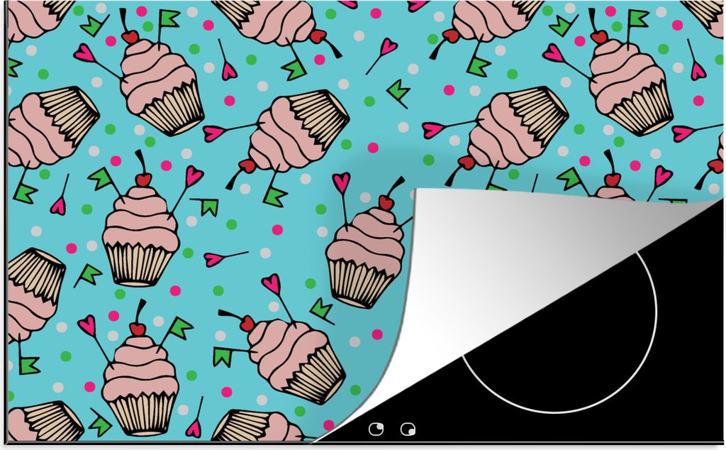 KitchenYeah Herdabdeckplatte Cupcake - Punkte - Party - Muster , 81x52cm, Küche Deko, Glaskeramikkochfeld Herdabdeckung, Abdeckplatte fùr Kochfeld