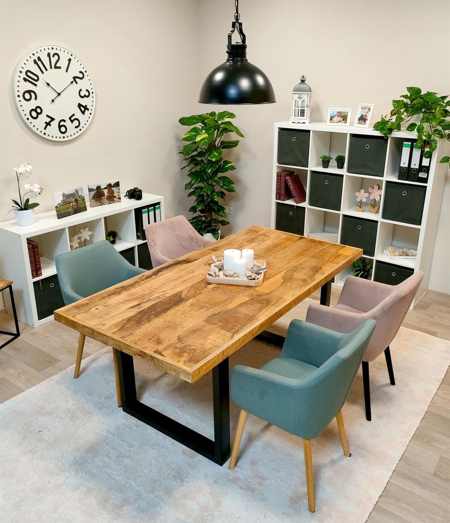 Mango Holz Esstisch naturfarben 180cm Metall U-Gestell schwarz Esszimmertisch