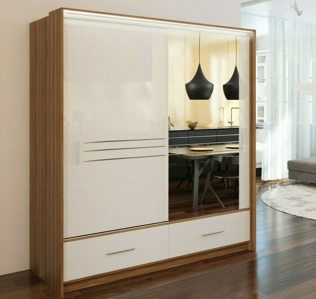 Schiebeschrank AMSTERDAM 203 cm , Kleiderschrank Hochglanz Schubladen , ( WALNUT / WEISS )