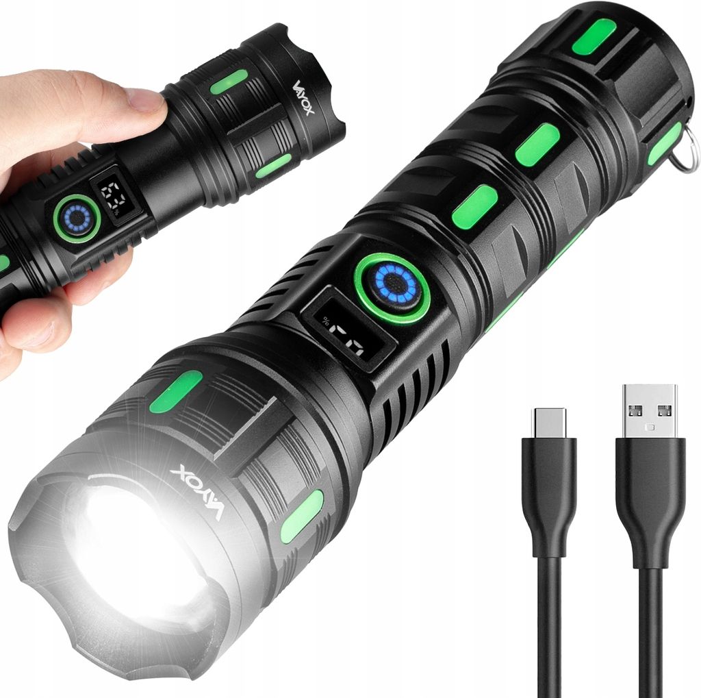 A hand holding a flashlight, with another flashlight and charging cables shown.