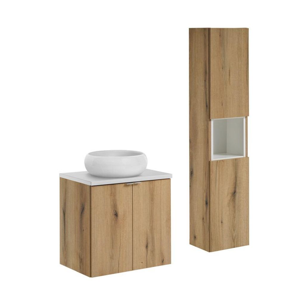 Badmöbel-Set Mit Hochschrank & Aufsatzwaschbecken & Unterschrank (60 cm 2 Türen) , Nova Oak N BM164 - Evoke Oak/Weiß Matt