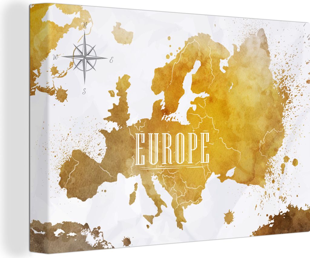 OneMillionCanvasses - Leinwandbilder - 150x100 cm, Weltkarten - Europa - Gold, Wandbilder Kunstdruck Wanddekoration