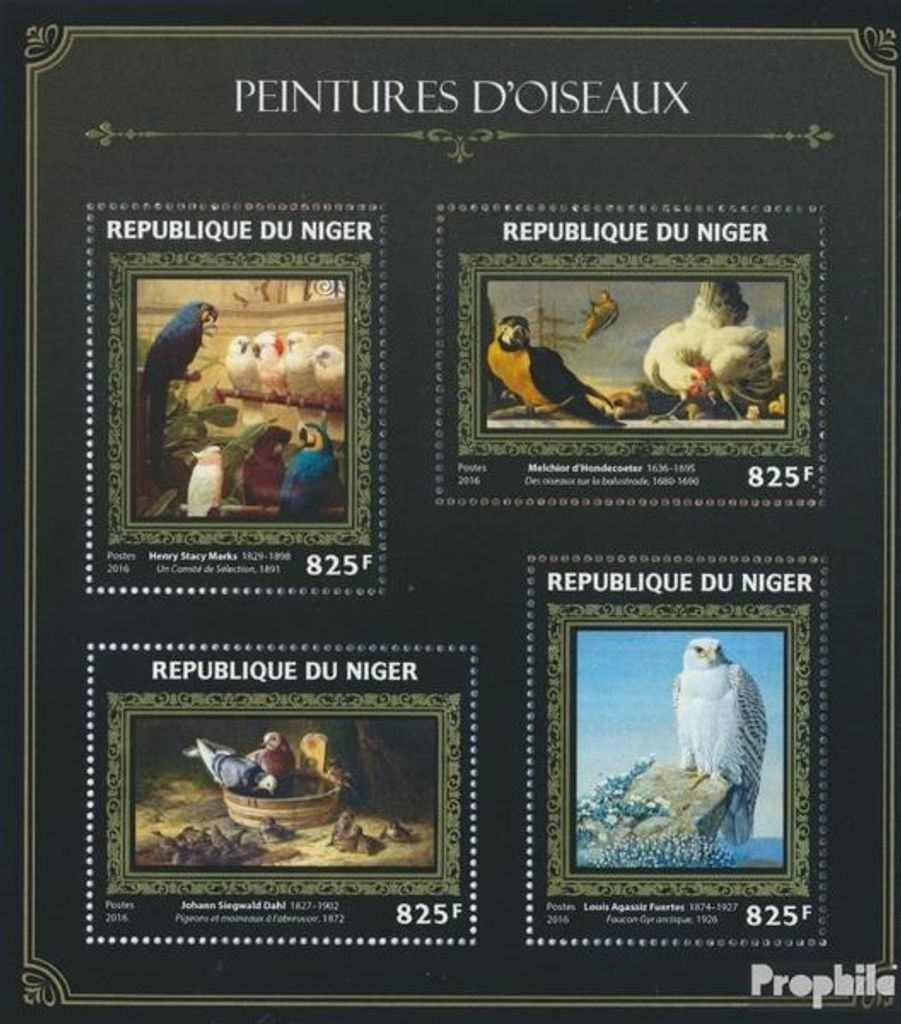 Briefmarken Niger 2016 Mi 4357-4360 Kleinbogen (kompl. Ausg.) postfrisch Vögel auf Gemälden