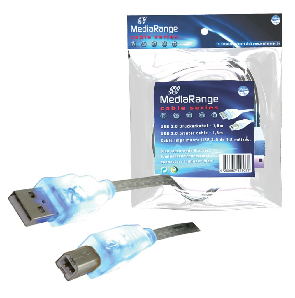 MediaRange USB Kabel A -> B St/St 1.80m blau LEDs Produktbild 
