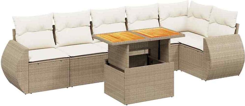 vidaXL 7-tlg. Garten-Sofagarnitur mit Kissen Beige Poly Rattan