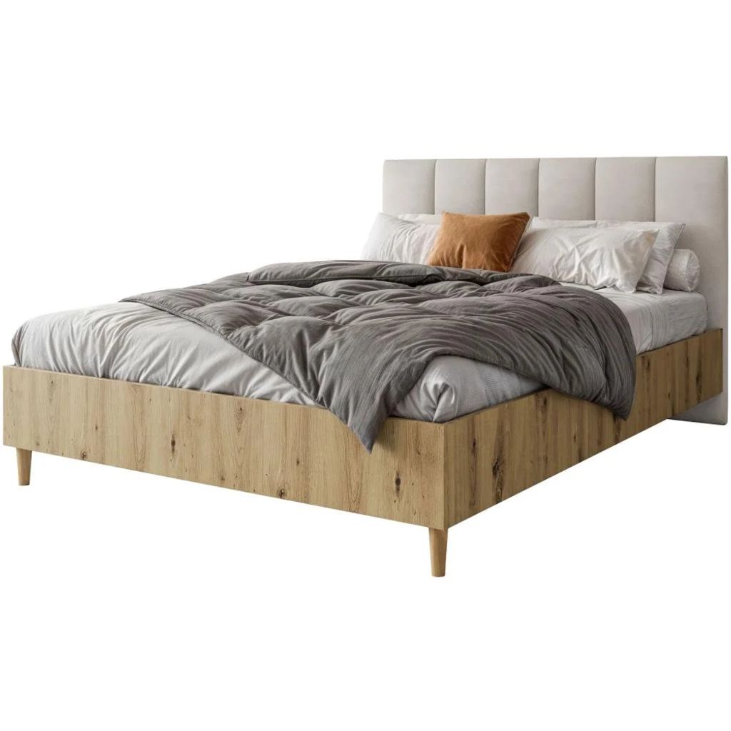 Polsterbett LECTUS 160x200cm - Designerbett mit Bettkasten, Lattenrost & einem Nachttisch - Artisan & Hellbeige (Jasmine 21)