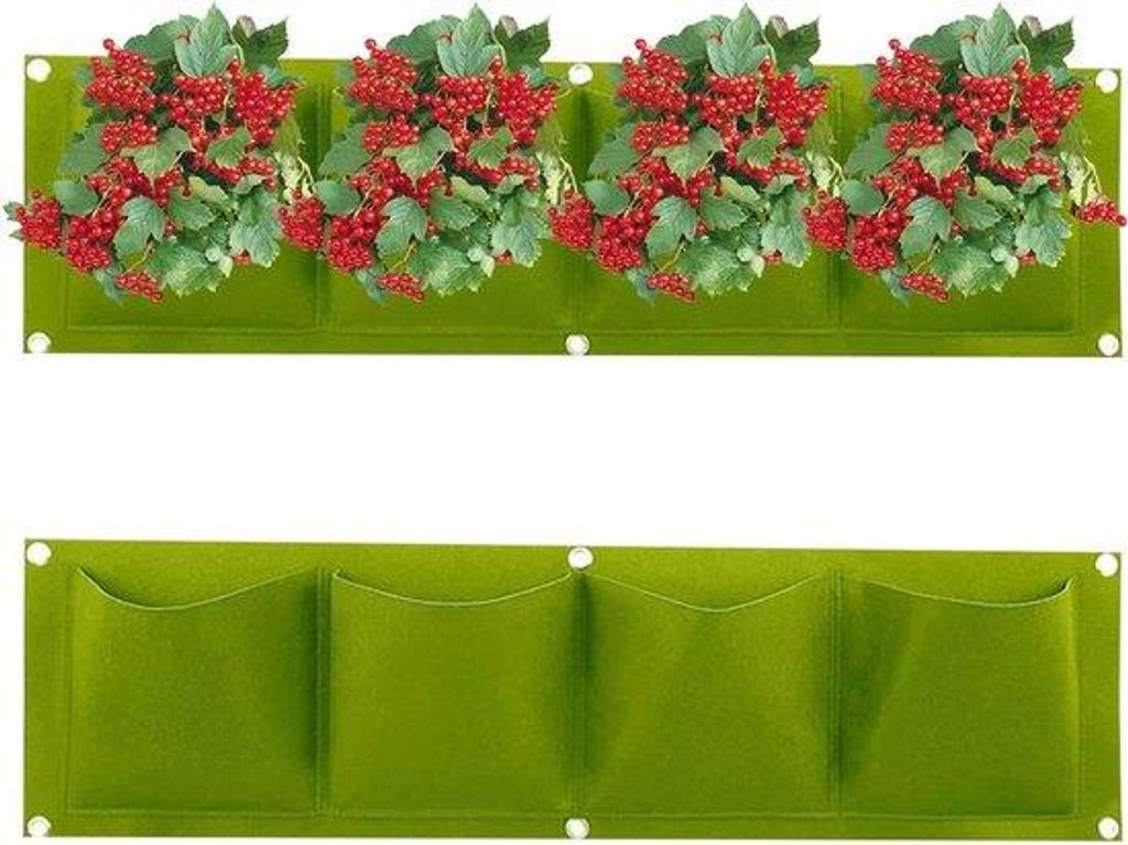 Vertikale 2-teilig Plantenbak Set, 4 zakken, muurhaken, vertikale tuinvergroening, opbergzak für Blumenkörbe und Pflanzbeutel, grün