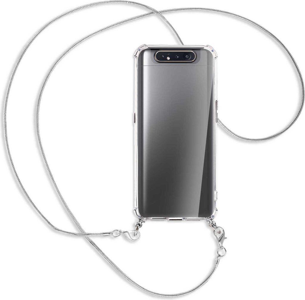 Handykette Backcover-Schutzhülle mit Band (Metall silberfarben) für Samsung Galaxy A80 - silberfarbene Kette Snake