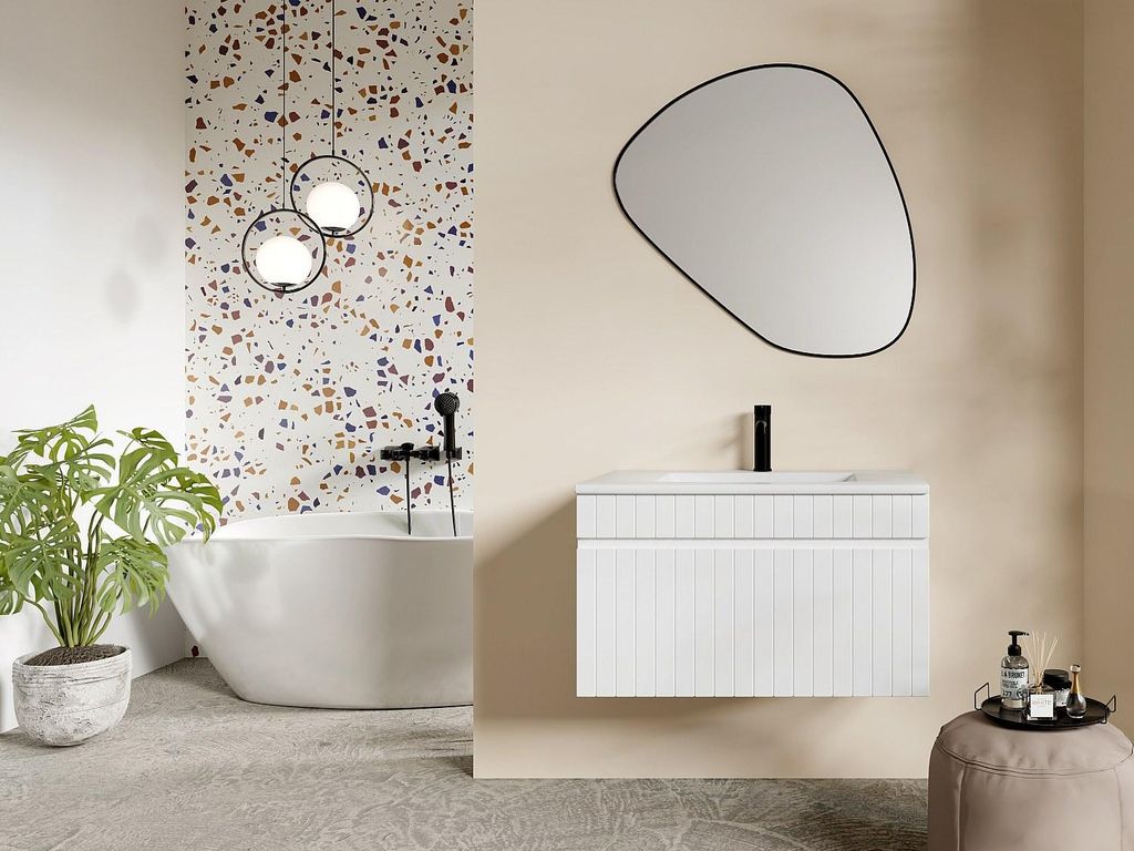 Weißer geriffelter Wandbadezimmerschrank mit Einbaubecken - 80 cm - SATARA