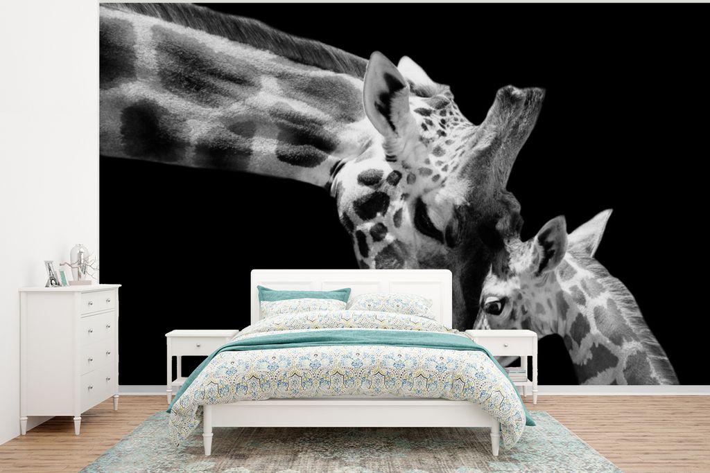 MuchoWow Fototapete für Wohnzimmer oder Schlafzimmer Wandtapete Vinyl Motivtapete Giraffe - Wildtiere - Porträt - Schwarz-Weiß - 375x280 cm - ...