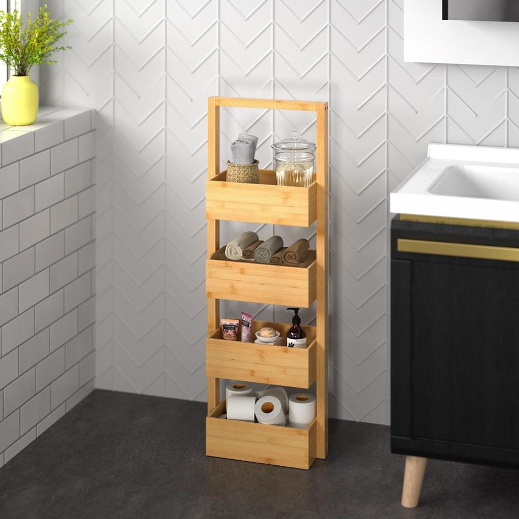CASARIA® Badregal mit 4 Körben Stehend Schmal Bambus Holz