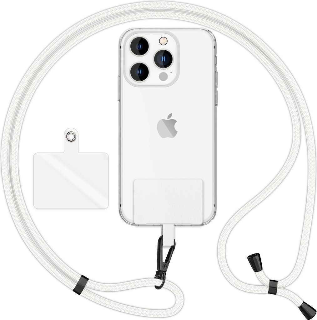 HoldMe Air Edition - Universal Lanyard mit 2 Pads & Karabinerhaken (matt-schwarz) - 160cm Handyband zum Umhängen - Weiß