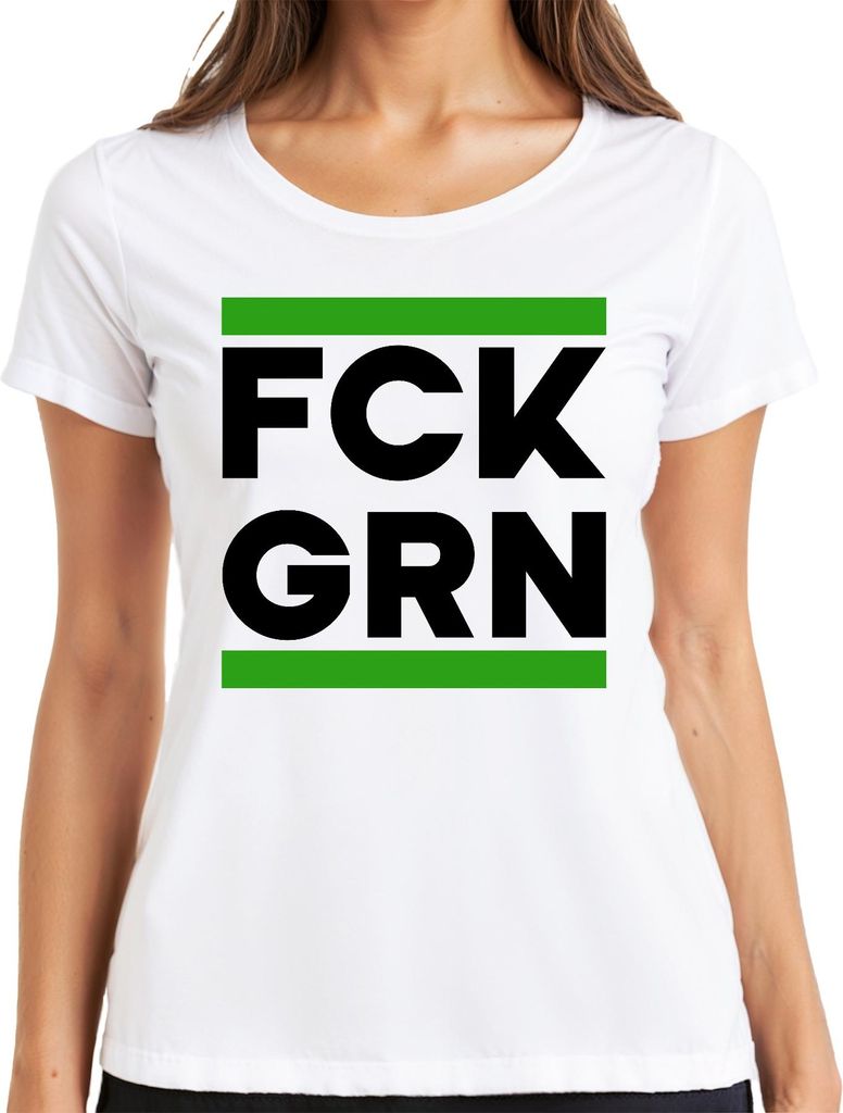 FCK GRN Anti Grün Protest Politik Klima Kritik Satire Spruch Damen T-Shirt, Weiß, XL