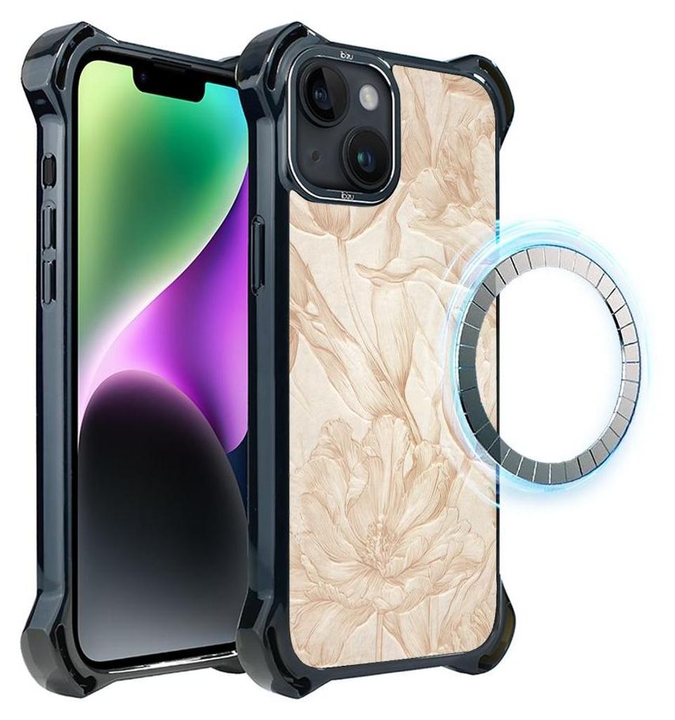 Schutzhülle für das iPhone 14 Plus, MagSafe-kompatibel, verstärkte Ecken, schwarz, Blumen, golden
