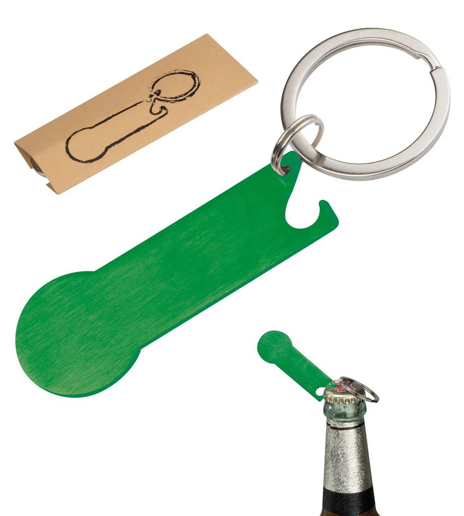 Schlüsselanhänger mit Einkaufschip,Flaschenöffner,Schlüsselring / Farbe: grün