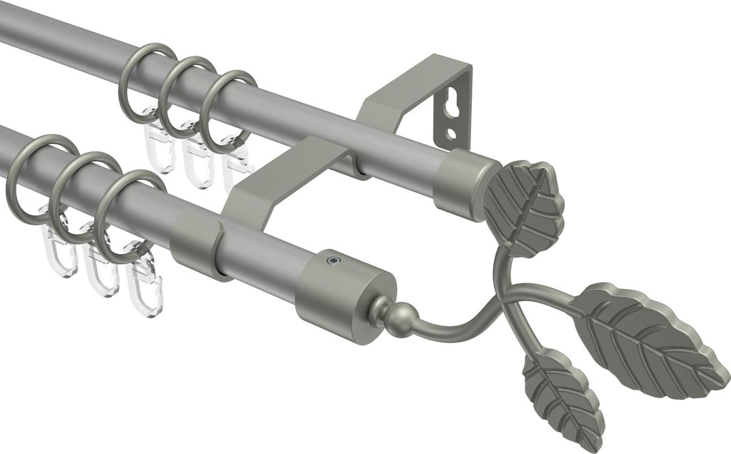 Interdeco Gardinenstange / Vorhangstange Silbergrau / Chrom matt, Typ Olymp Alessia (Blatt), 16 mm Ø 2-läufig, 420 cm