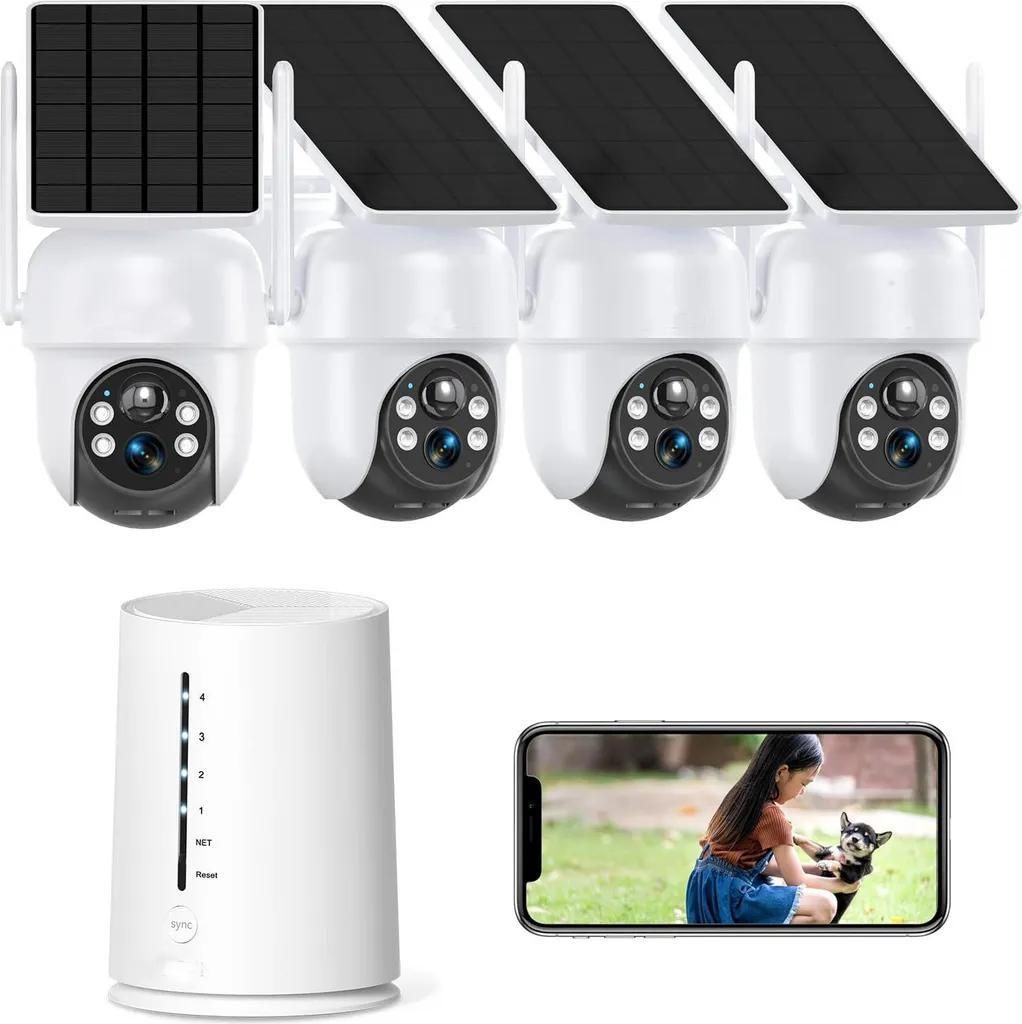 4 Stück 4MP Überwachungskamera aussen solar WLAN Kamera Outdoor 2,4 GHz Solar-Kamera mit Solarpanel 360 ° PTZ Nachtsicht 2-Wege-Audio PIR 2-Wege...