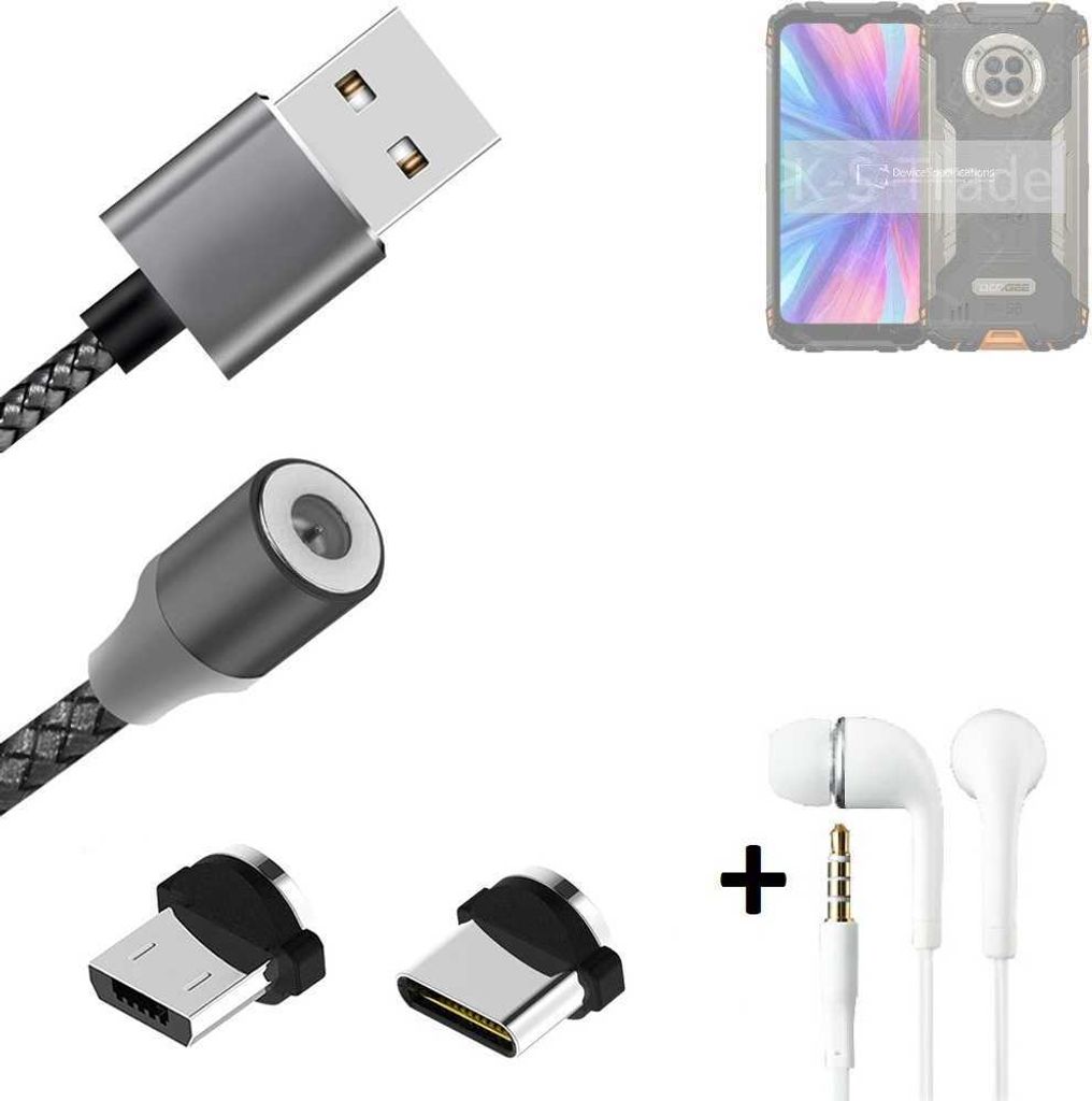 K-S-Trade Hochwertiges Magnet-Lade-kabel Sync-Kabel Daten-Kabel + Kopfhörer kompatibel mit Doogee S96 GT mit USB-Typ-C-Anschluss und
