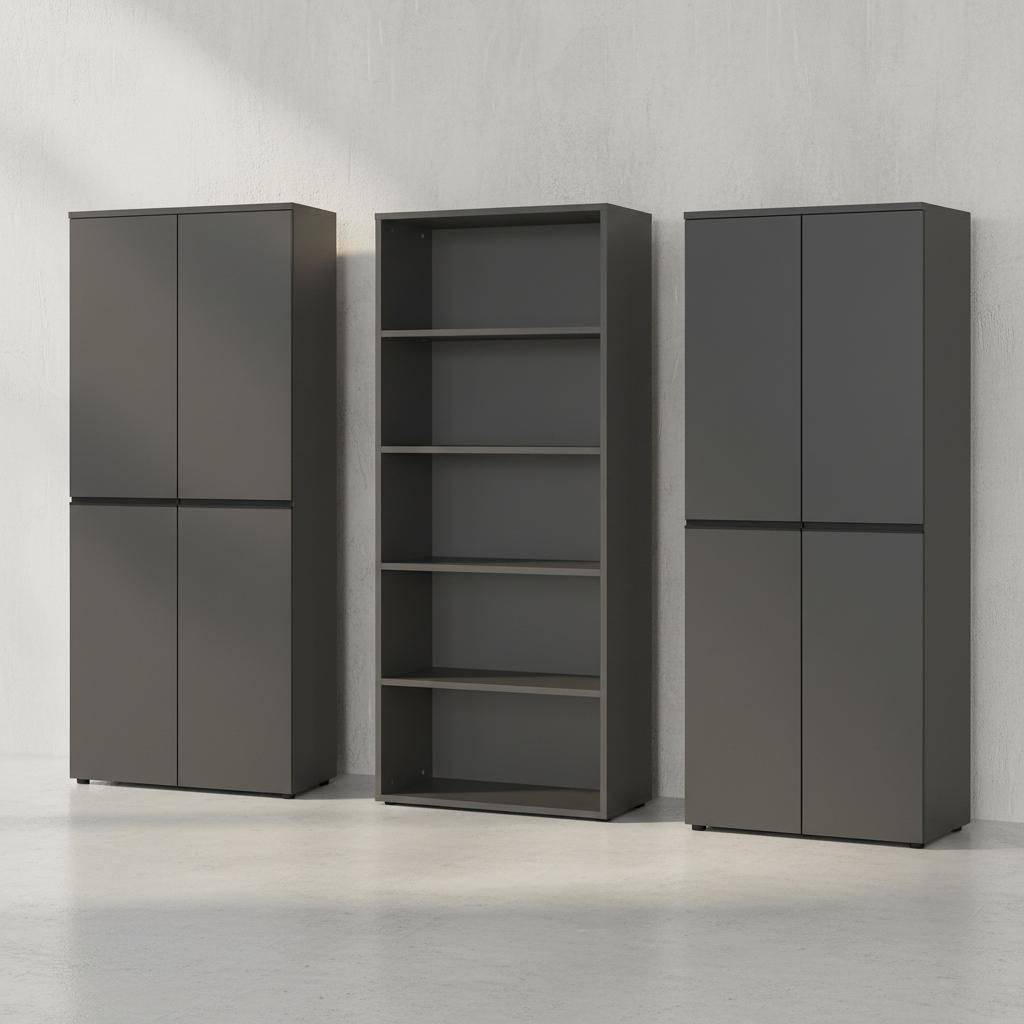Büroschrankwand 3-teilig | 272x197x40 cm | Graphit | 2 Schränke & 1 Regal | 5 Ordnerhöhen & Soft-Close | Aktenwand Germany | Büro Set Kadima D...
