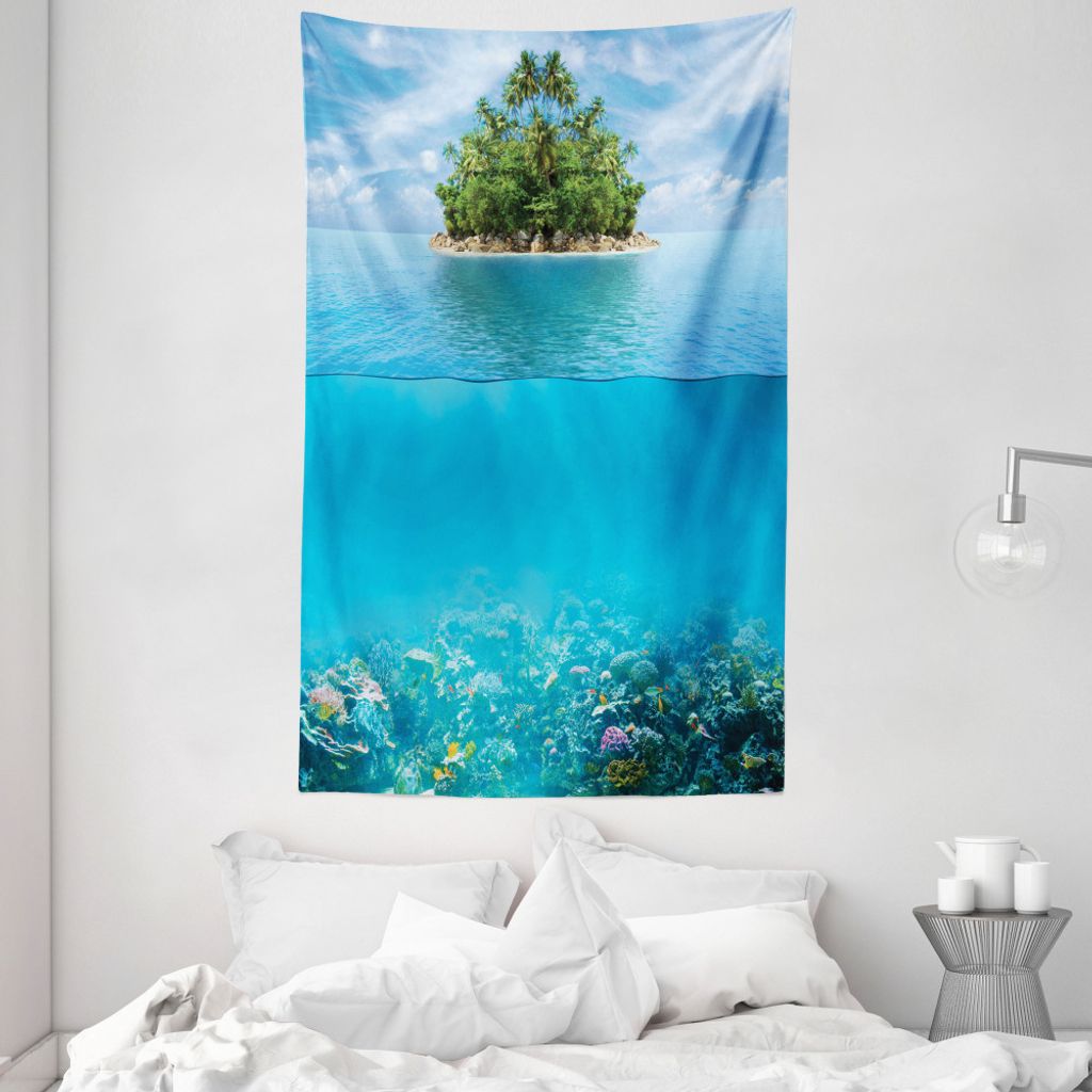 ABAKUHAUS Tropisch Wandteppich und Tagesdecke, Kleine Insel im Ozean aus Weiches Mikrofaser Stoff Waschbar ohne Verblassen Digitaldruck, 140 x 230 ...