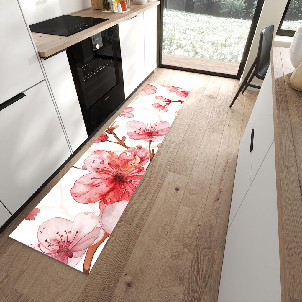 Küchenteppich 60x240cm rutschfest & abwischbar PVC Läufer - Blumenmuster Blüten
