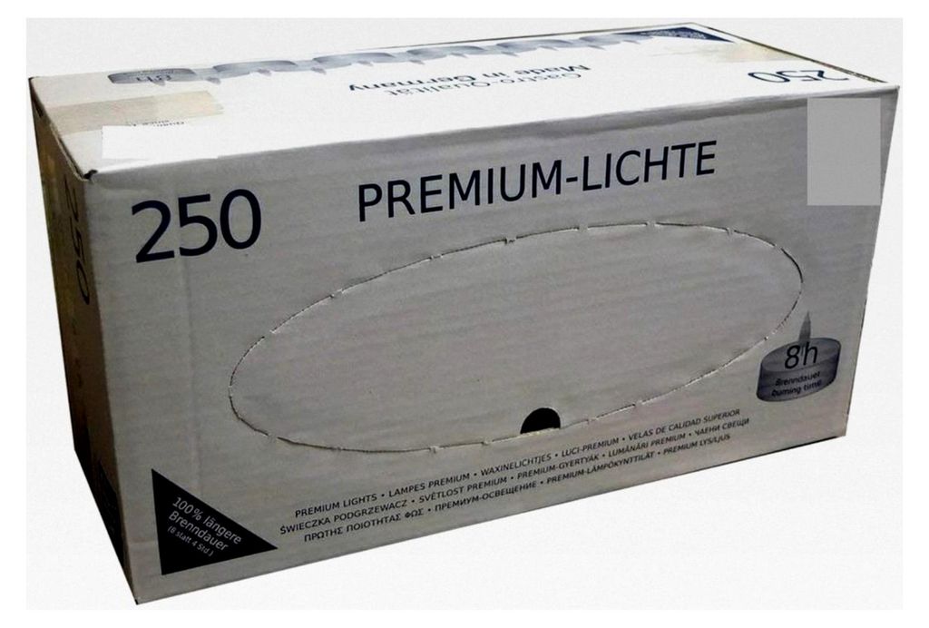 250 Teelichte, 8 Stunden Brenndauer, Ø 38 mm, im Aluminiumbecher