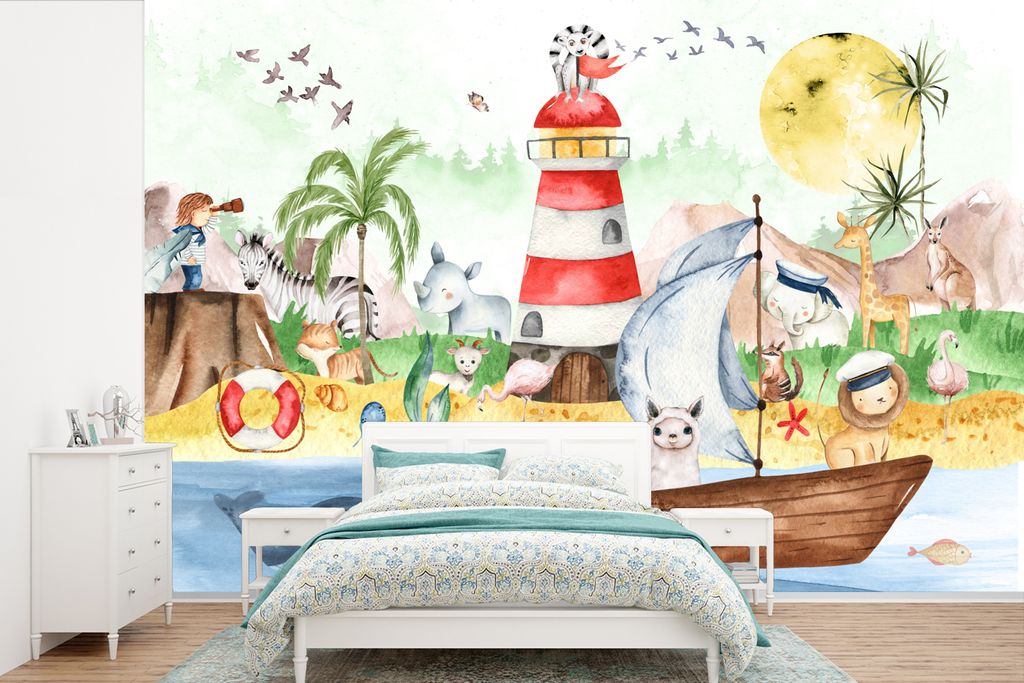MuchoWow Fototapete für Wohnzimmer oder Schlafzimmer Wandtapete Vinyl Motivtapete Strand - Tiere - Kinder - Leuchtturm - Jungen - 360x240 cm - K...