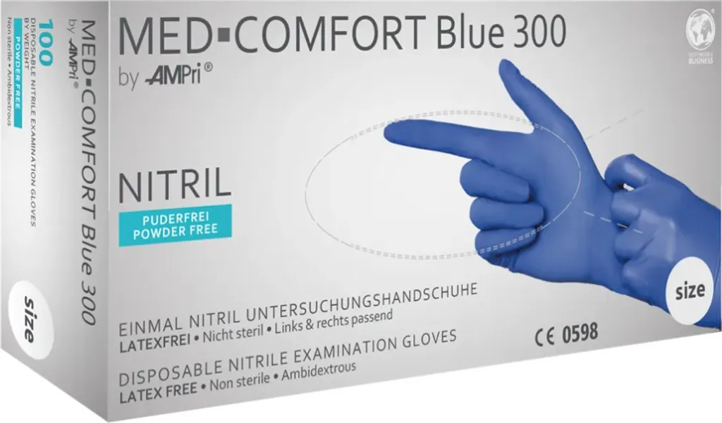 Gants d'examen en nitrile MED-COMFORT BLUE 300 non poudrés Taille L - 100 pcs