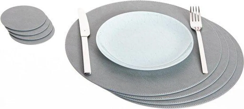 Sets de table ronds 33cm en cuir gris sale lavables et socles assortis par 4