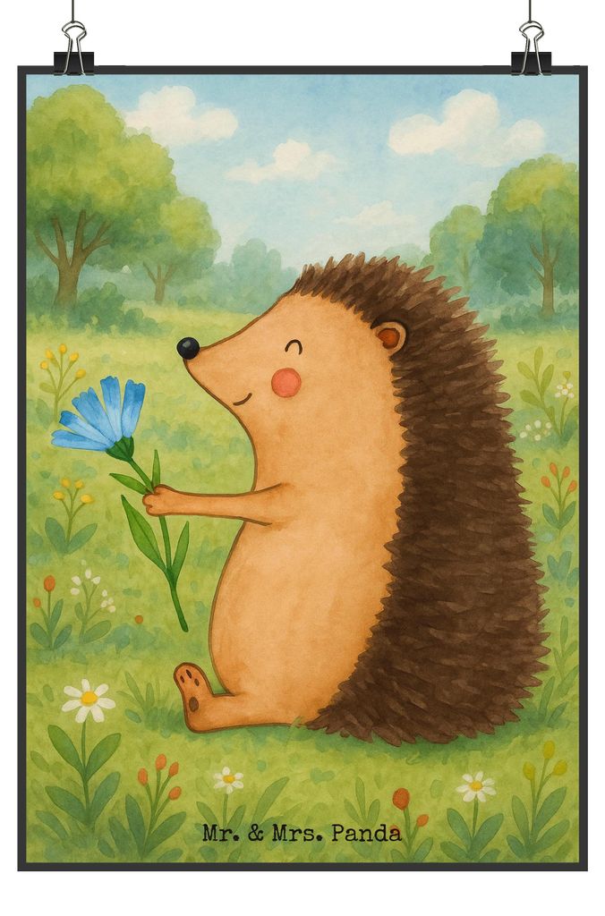 Mr. & Mrs. Panda Bild Igel Blumen Design DIN A1 - Weiß - Geschenk, Gute Besserung, Besuch, Kunstdruck, wandkunst, poster, Genesungswünsche, Krank...