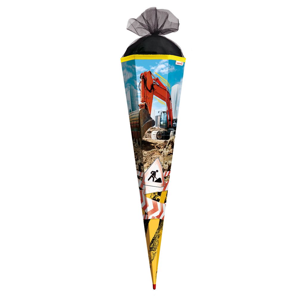 ROTH Schultüte groß Achtung Bagger 85 cm eckig Folieneffekt Rot(h)-Spitze Tüllverschluss Zuckertüte Schulanfang