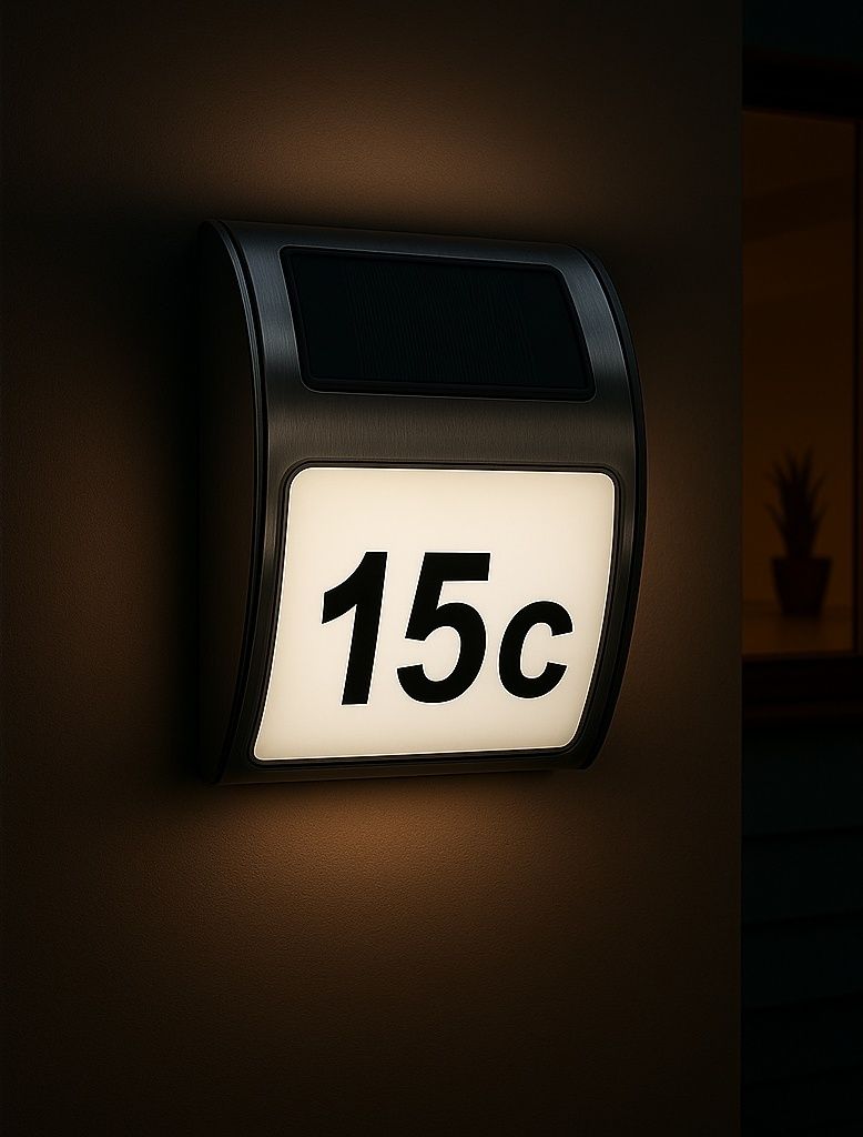 MeLiTec Solar-Hausnummer SH08, moderne LED-beleuchtete Hausnummer, für außen, wasserdicht, aus Edelstahl, kabellose Solar-Hausnummernleuchte
