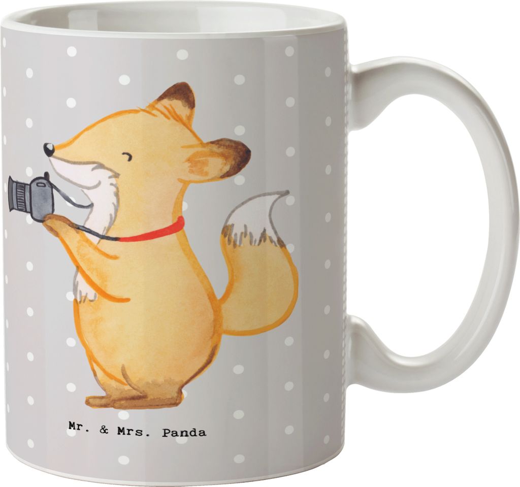 Mr. & Mrs. Panda Kaffeetasse Fotograf Herz - Grau Pastell - Geschenk, Fotoshooting, Kaffeebecher, Ausbildung, Becher, Trinkbecher, Fotografie, Papa...