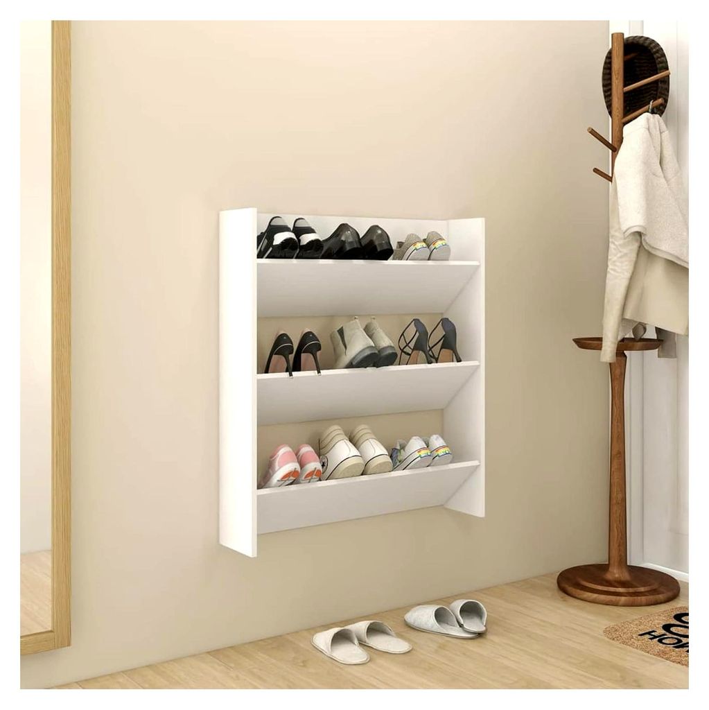 Wand Schuhschrank, Hängend, Schmal, Schuhregal, Schuhaufbewahrung, Hängeorganizer, 3 Kippböden, Holzwerkstoff Weiß 80x18x90 cm