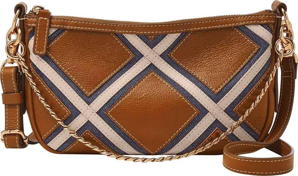 Sac à Main Porté Épaule Femme en Cuir Marron Clair Patchwork Fossil