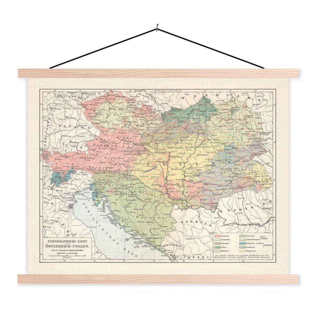 MuchoWow Textilposter Geschichte - Farben - Karte 60x45 cm mit holzfarbenen Rahmen - Bild