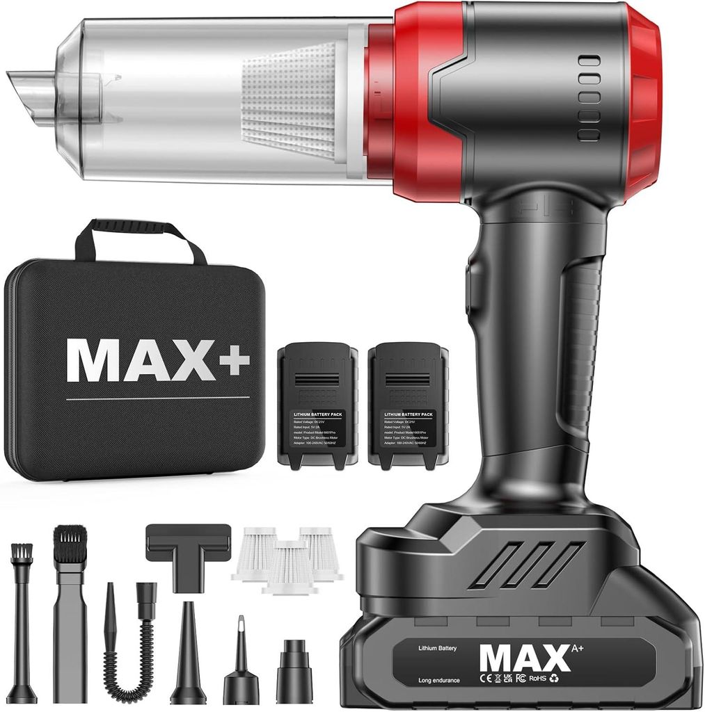 Handstaubsauger Akku 28KPA, 2x7500mAh, 3-in-1 Mini Auto Staubsauger Kabellos mit Blasen, Saugen & Aufblasen, für Auto, Haushalt, Tierhaare
