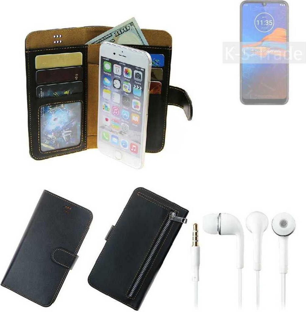 TOP SET Handy Hülle Schutz Hülle kompatibel mit Motorola Moto E6S schwarz aus Kunstleder + Kopfhörer Smartphone Tasche vollwertige Geldbörse