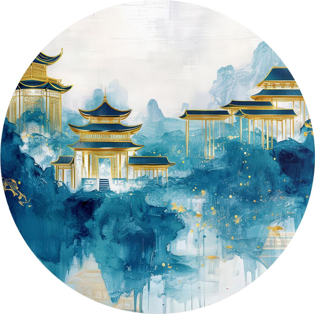 DEQORI Fototapete rund Ø 80 cm 'Pagoden im Nebelglanz' Wand Tapete Leinwand Sticker