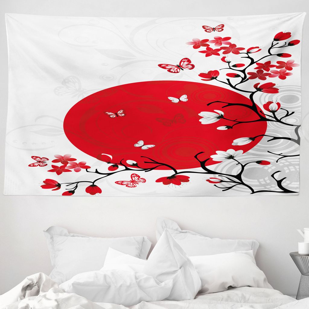 ABAKUHAUS japanisch Wandteppich, Kirsche Sakura-Bäume aus Weiches Mikrofaser Stoff Waschbar ohne Verblassen Digitaldruck, 230 x 140 cm, Schwarz Weiß