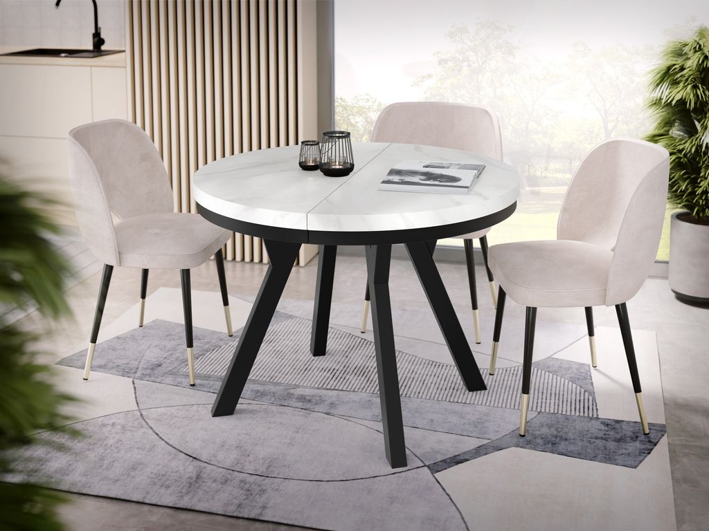 Designer Runder Ausziehbarer Esstisch in Weißer Marmoroptik - Loft-Stil, Industriell, Platzsparend - Schwarze Beine - 100 bis 200 cm - für 5-10 P...