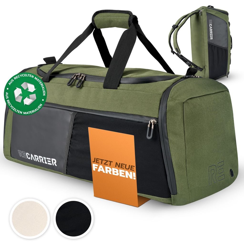 RECARRIER Sporttasche [RECYCELTES PET] 50L – Gym Bag und Rucksack in Einem – wasserdichte Reise- und Trainingstasche mit Schuhfach - Pinewood G...