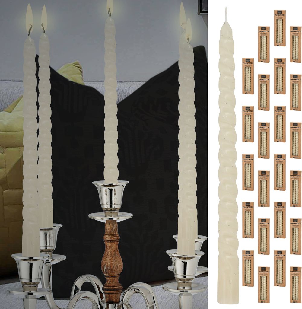 Stabkerze 'Twisted' 24er Set cremefarben H20cm Paraffin Kerze gedreht Dekokerze Wachskerze Spiratkerze