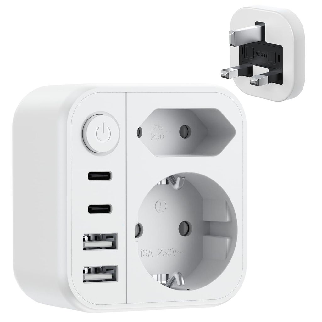 Reiseadapter UK Typ G, 7-in-1 Steckdosenadapter England mit Schalter (2 AC Schuko Typ C/E/F, 2 USB-C, 2 USB-A), EU auf UK Irland Schottland Dubai