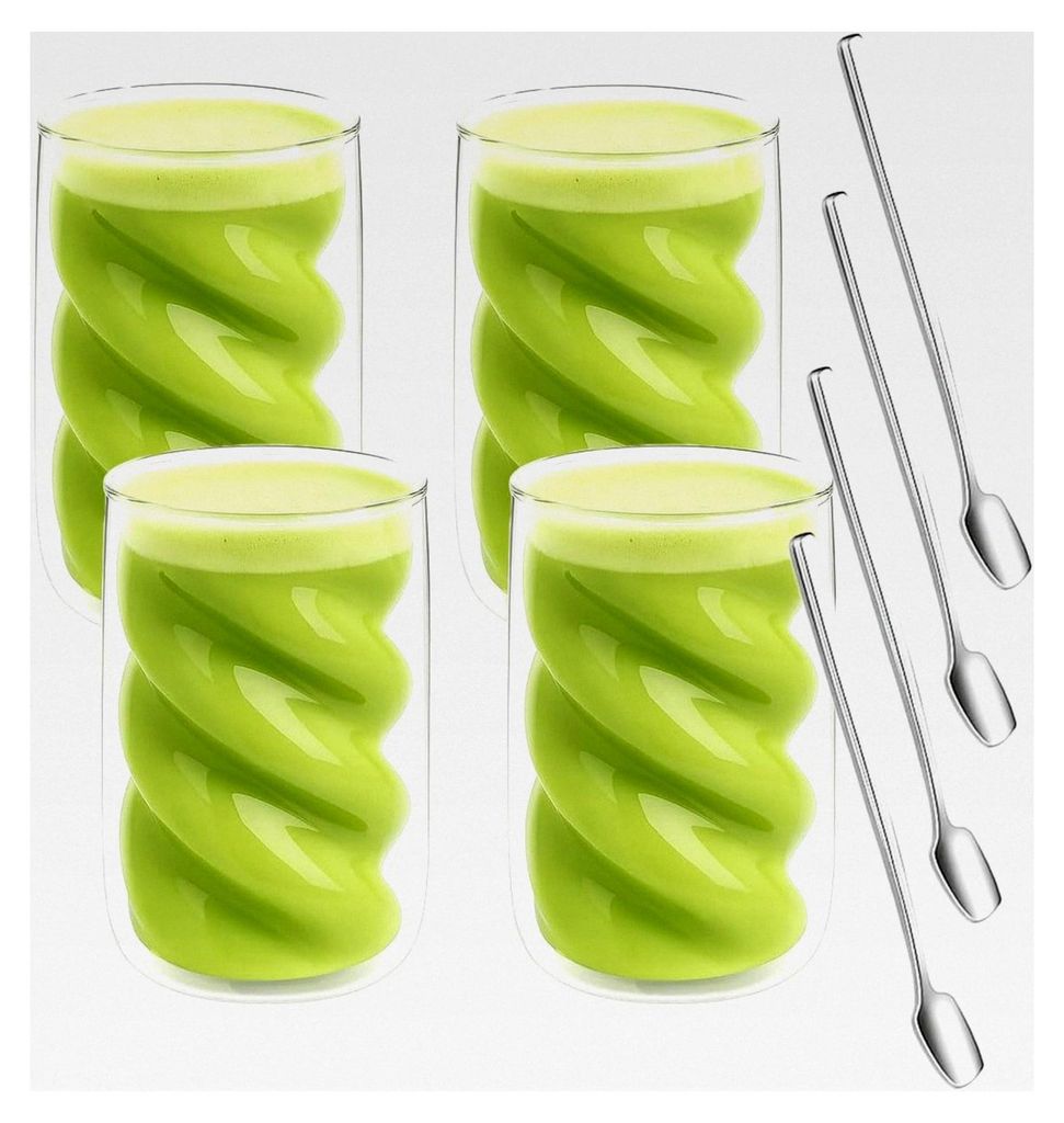 4er Set 230ml Doppelwandige Gläser in Spiralform mit Löffel - Thermoglas für Latte Macchiato, Kaffee, Tee, Cocktails und Desserts