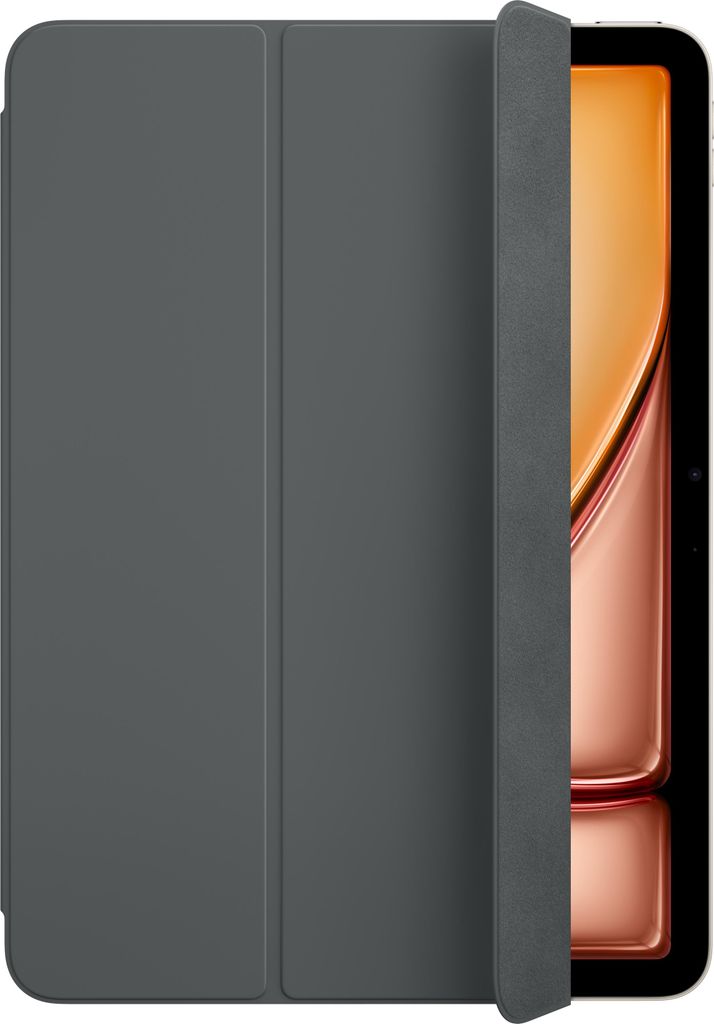 A dark gray tablet case is shown partially open, revealing a screen with an abstract orange and pink design.