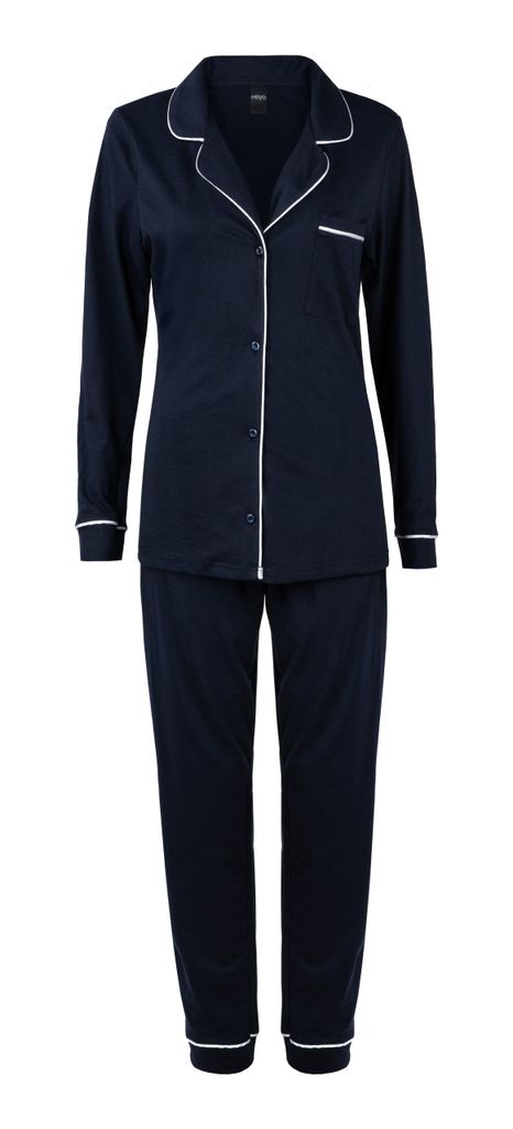 Damen Schlafanzug Lang 100% Baumwolle Zweiteiliger Pyjama Set Langarm Shirt mit Knopfleiste Lange Pyjamahose Weich Atmungsaktiv M